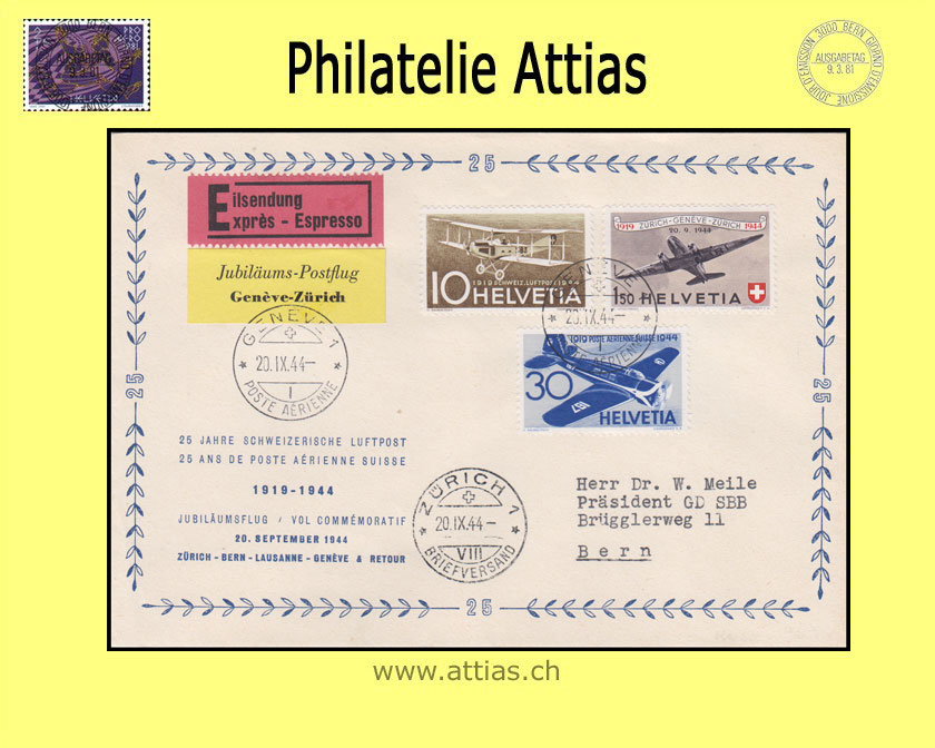 CH 1944 F40 Pro Aero Sonderflug ill. FDC Genève-Zürich Jubiläums-Postflug mit Vignette