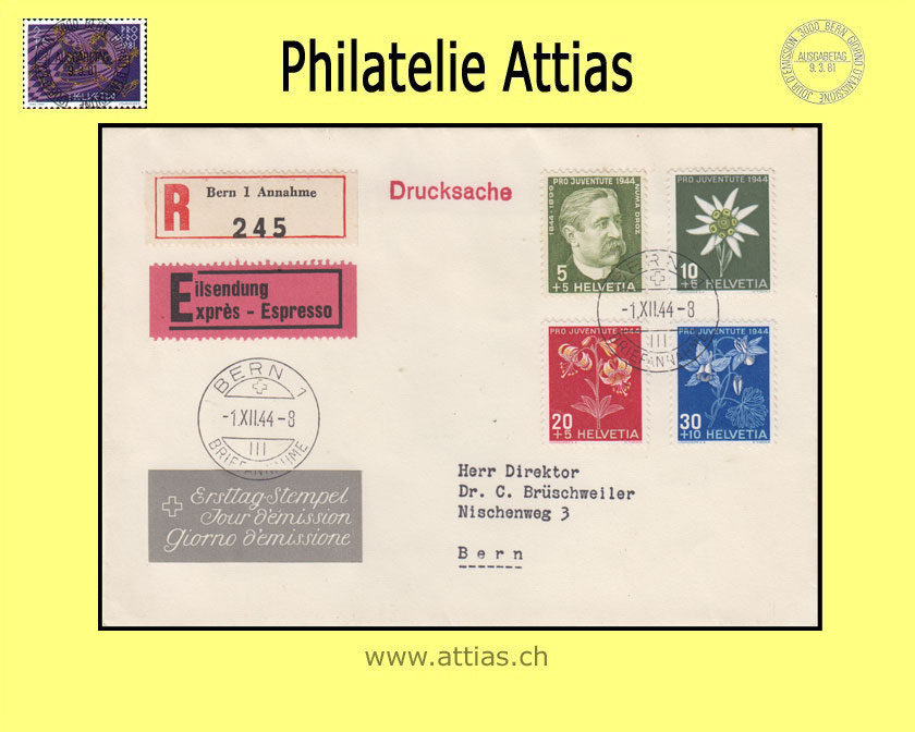 CH 1944 J109-J112 Pro Juventute Abo-FDC mit Adresse