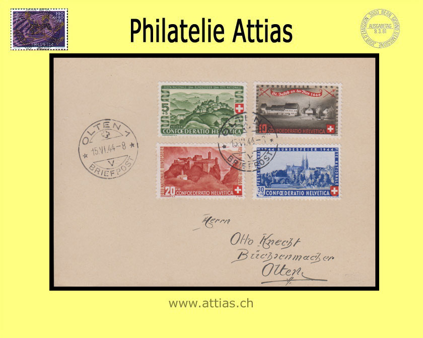 CH 1944 FDC Pro Patria mit Adresse auf Karte