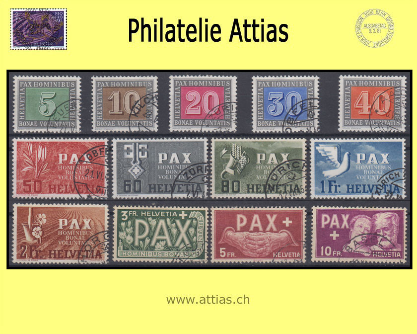 CH 1945  262-274 Pax Stamps Set cancelled at lower right corner