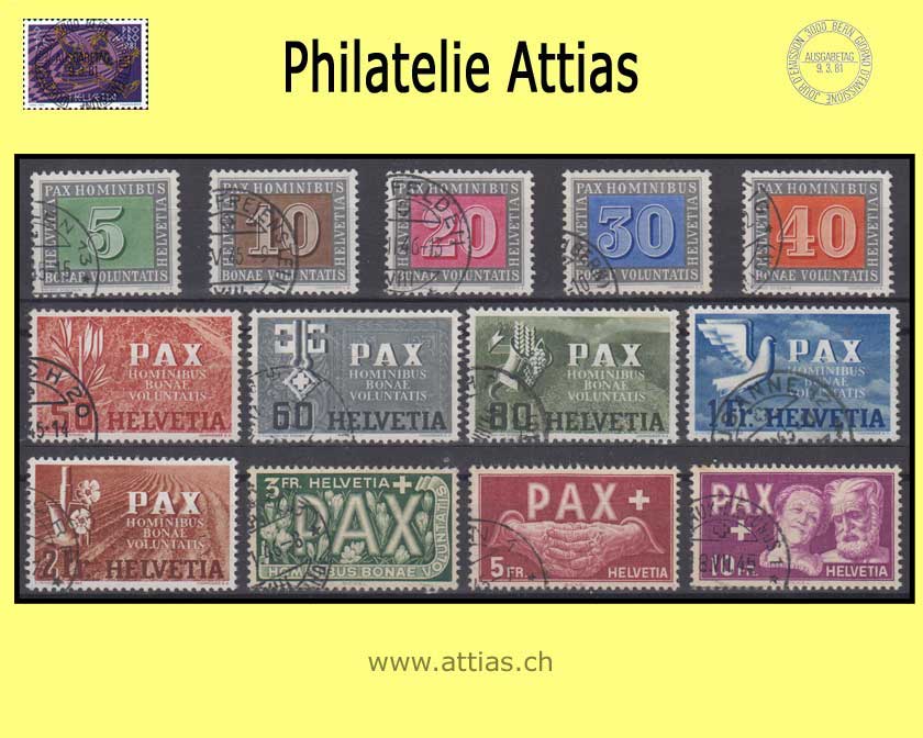CH 1945  262-274 Pax Stamps Set cancelled at lower left corner