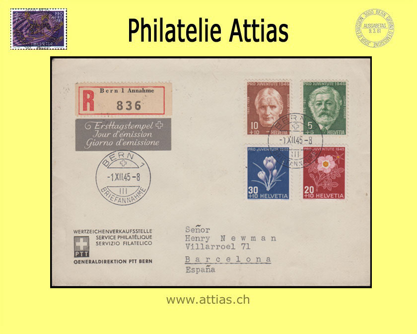 CH 1945 FDC Pro Juventute mit Adresse