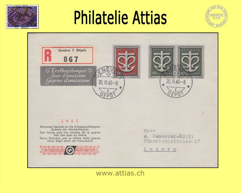 CH 1945 FDC W19-20 stamps "Spende" ill. with address