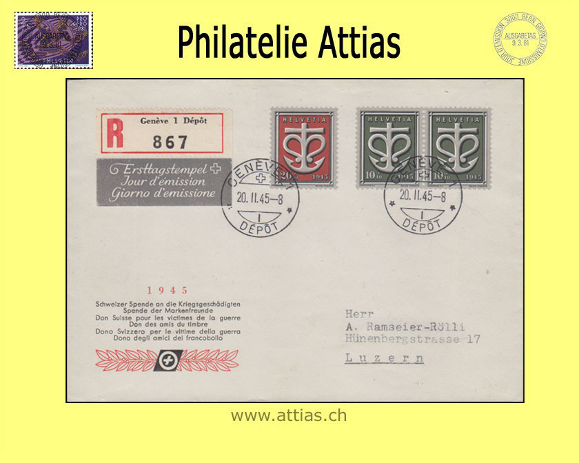 CH 1945 W19-W20 Spendemarken  FDC ill. mit Adresse