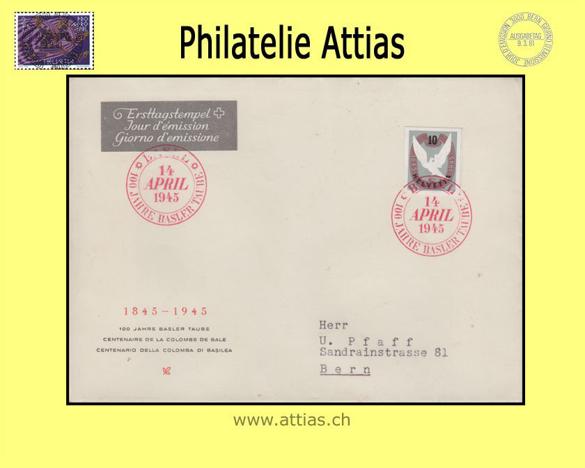 CH 1945 FDC out of bloc Basle Dove ill. with address
