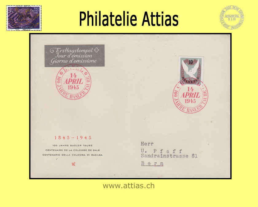 CH 1945 FDC Blockausschnitt Basler Taube ill. mit Adresse