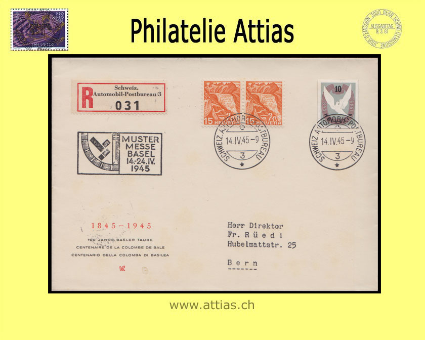 CH 1945 FDC Blockausschnitt Basler Taube mit Adresse