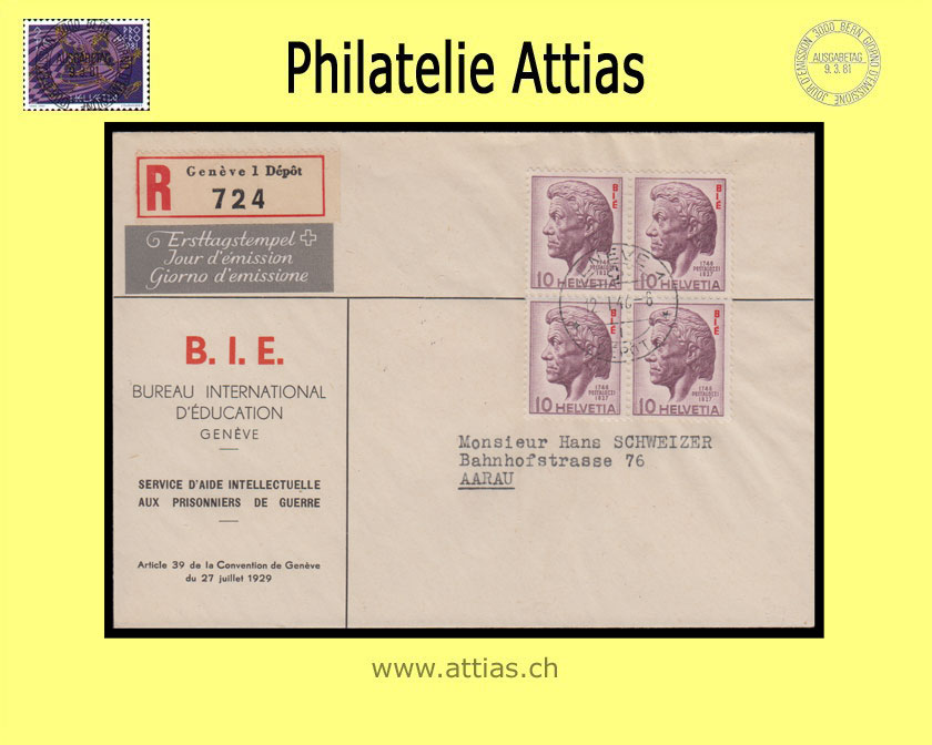 CH 1946 FDC DV - 22 BIE Pestalozzi ill. with address