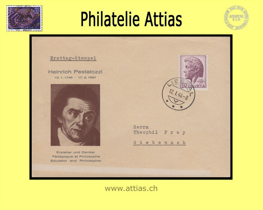 CH 1946 FDC Pestalozzi ill. with address