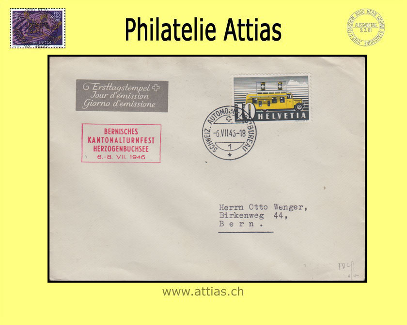 CH 1946 FDC Automobil-Post with address