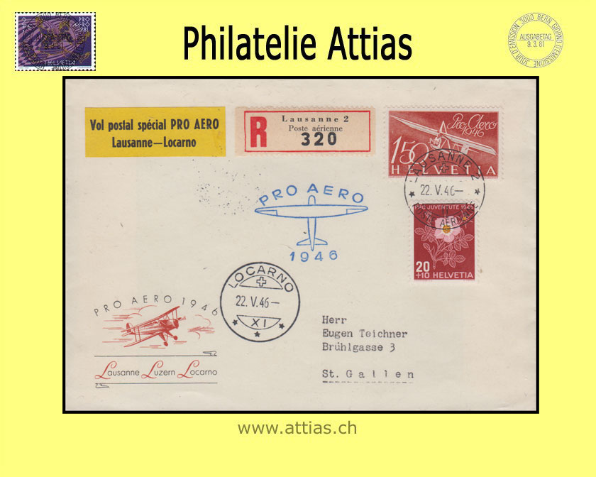 CH 1946 F41 Pro Aero Abo-FDC Sonderflug Lausanne-Locarno mit Vignette