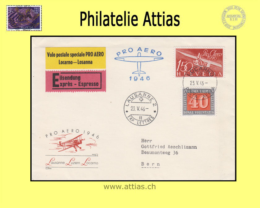 CH 1946 F41 Pro Aero Abo-Brief Sonderflug Locarno-Lausanne mit Vignette