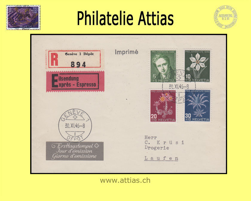 CH 1946 J117-J120 Pro Juventute Abo-FDC mit Adresse gestempelt GENEVE 1