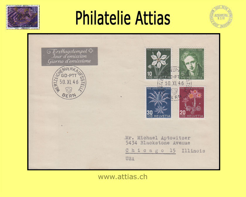 CH 1946 FDC Pro Juventute mit Adresse gestempelt BERN Wertzeichenverkaufstelle