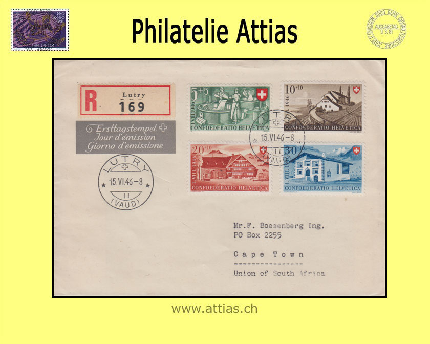CH 1946 FDC Pro Patria with address cancelled LUTRY - Registered Mail
