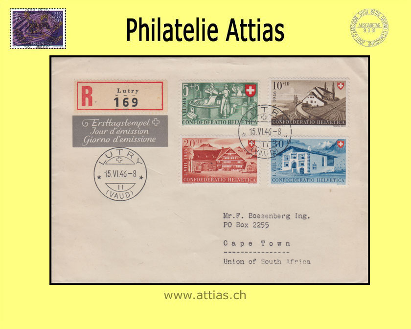 CH 1946 B30-B33 Pro Patria Abo-FDC mit Adresse gestempelt LUTRY - Einschreibe-Brief