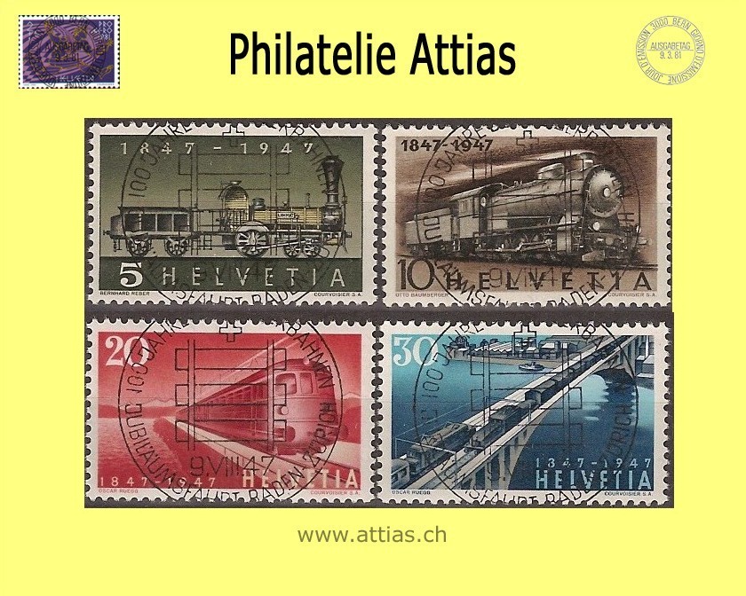 CH 1947 277-280 Railway Set with First Day Full Cancellation Baden-Zurich