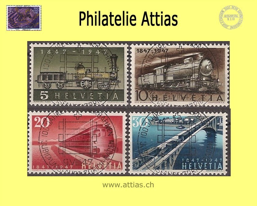 CH 1947 277-280 Railway Set with First Day Full Cancellation Zurich-Baden