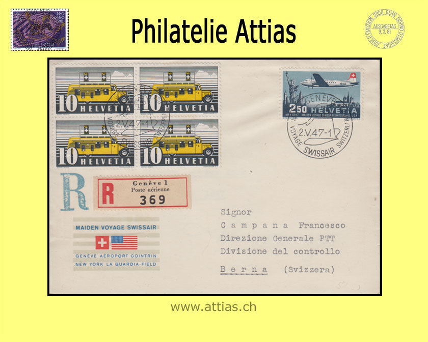 CH 1947 FDC Pro Aero Special Flight Geneva - New York