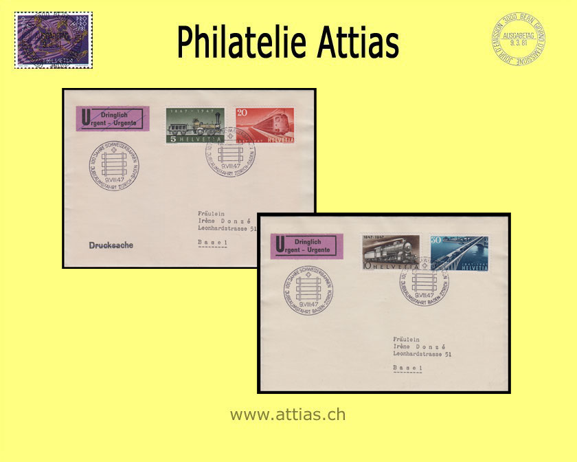 CH 1947 FDC 100 Jahre Schweizer Eisenbahn 2 Briefe mit Adresse