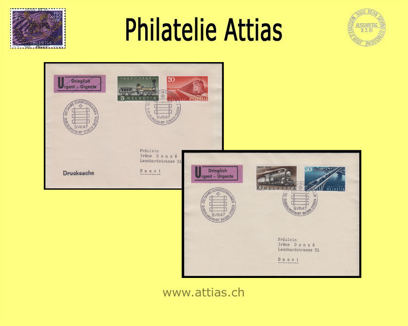 CH 1947 FDC 100 Jahre Schweizer Eisenbahn 2 covers with address