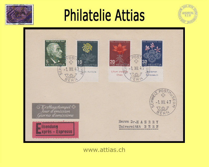 CH 1947 J121-J124 Pro Juventute FDC mit Tabs mit Adresse