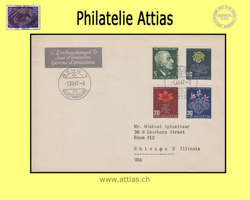 CH 1947 FDC Pro Juventute with address cancelled BERN 1