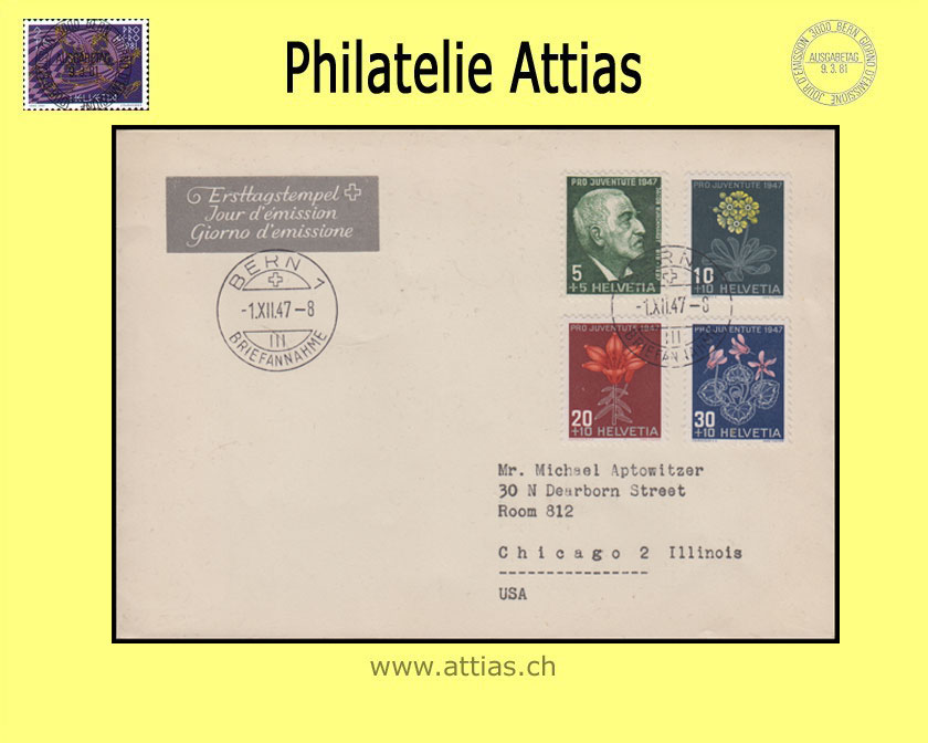 CH 1947 J121-J124 Pro Juventute Abo-FDC mit Adresse gestempelt BERN 1