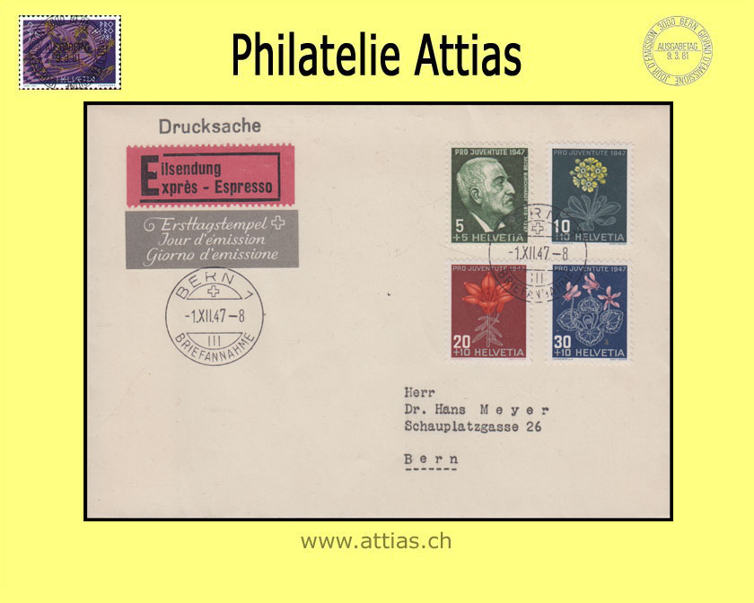 CH 1947 FDC Pro Juventute with address cancelled BERN 1 (Epress)