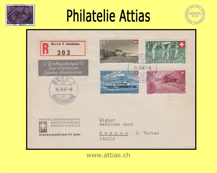 CH 1947 B34-B37 Pro Patria Abo-FDC mit Adresse gestempelt BERN 1