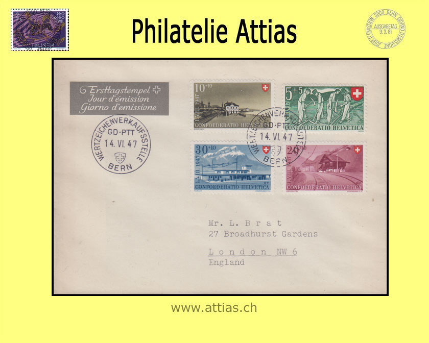 CH 1947 FDC Pro Patria mit Adresse gestempelt BERN Wertzeichenverkaufstelle