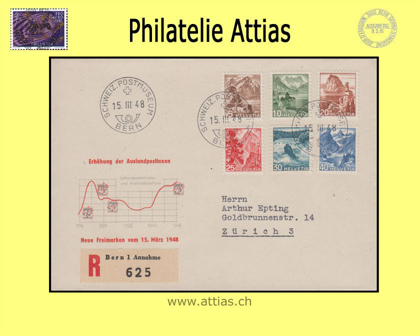 CH 1948 FDC Farbänderungen Landschaftsbilder illustriert mit Adresse