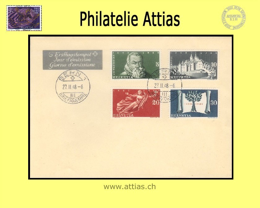 CH 1948 281-284 100 J. schweiz. Bundesstaat, Abo-FDC ohne Adresse