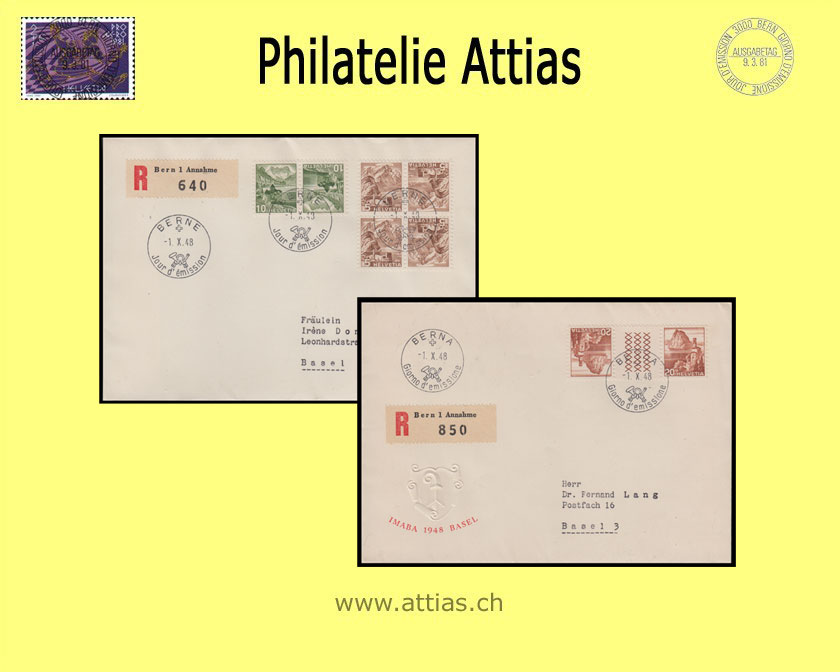 CH 1948 K38-K40 Kehrdrucke Farbänderung Landschaftsbilder 2 FDC m. Adr fr/it