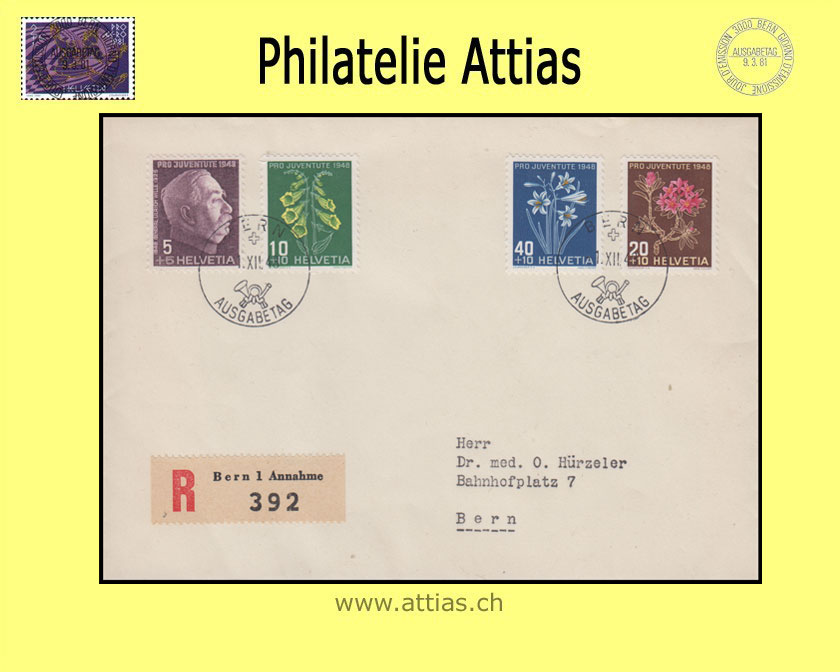 CH 1948 FDC Pro Juventute deutsch mit Adresse nach Bern