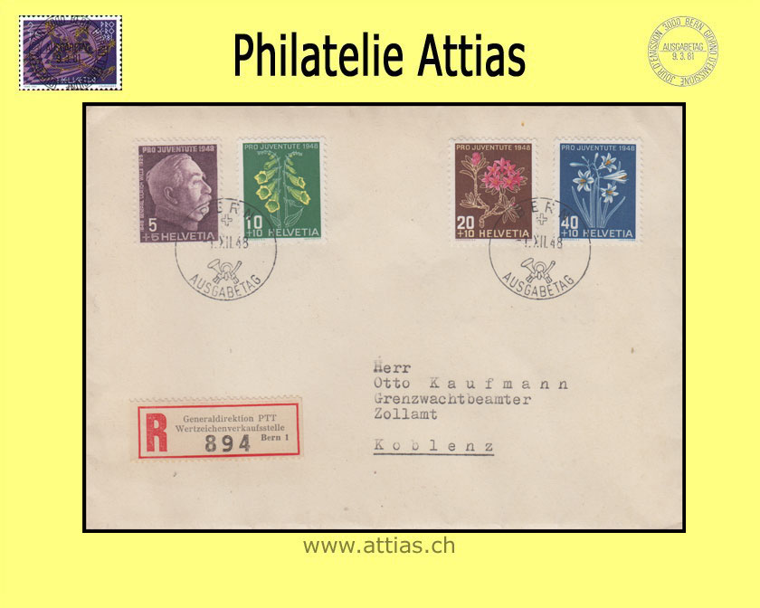 CH 1948 J125-J128 Pro Juventute FDC deutsch mit Adresse nach Koblenz