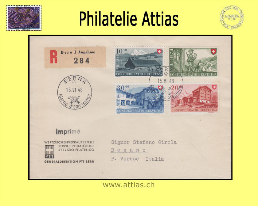 CH 1948 B38-B41 Pro Patria FDC italienisch mit Adresse nach Besano IT