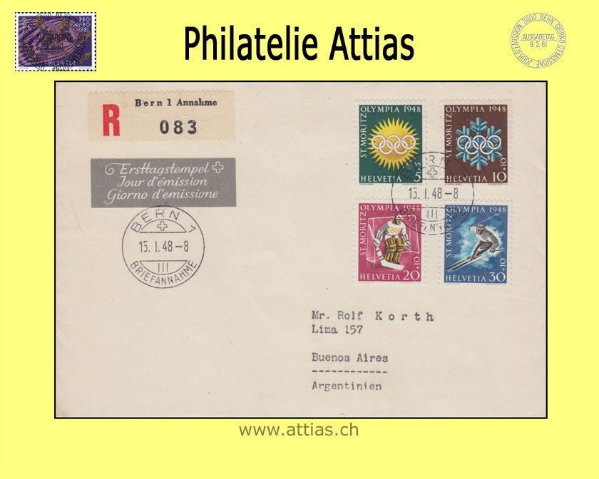 CH 1948 W25-W28 Olympiade St.Moritz FDC Einschreiben mit Adresse