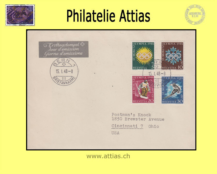 CH 1948 FDC Olympic games St.Moritz with address