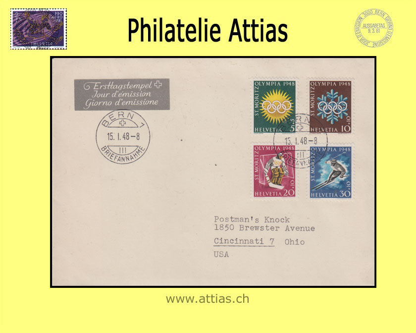 CH 1948 W25-W28 Olympiade St.Moritz FDC mit Adresse