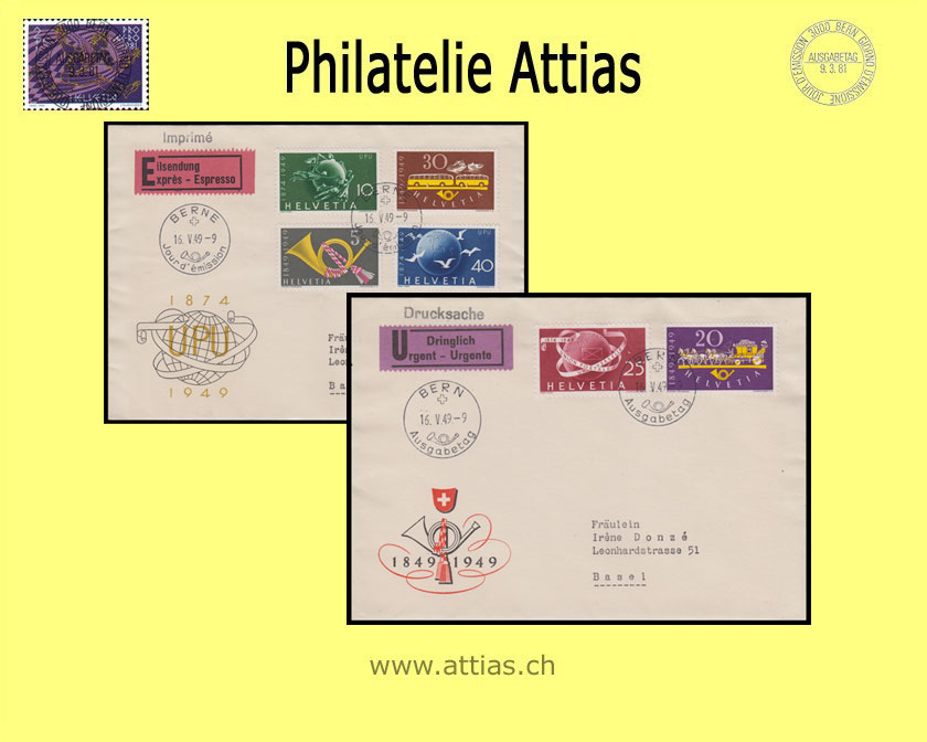 CH 1949 291-296 100 Jahre Post und 75 Jahre UPU 2 Abo-FDC ill. m. Adr.