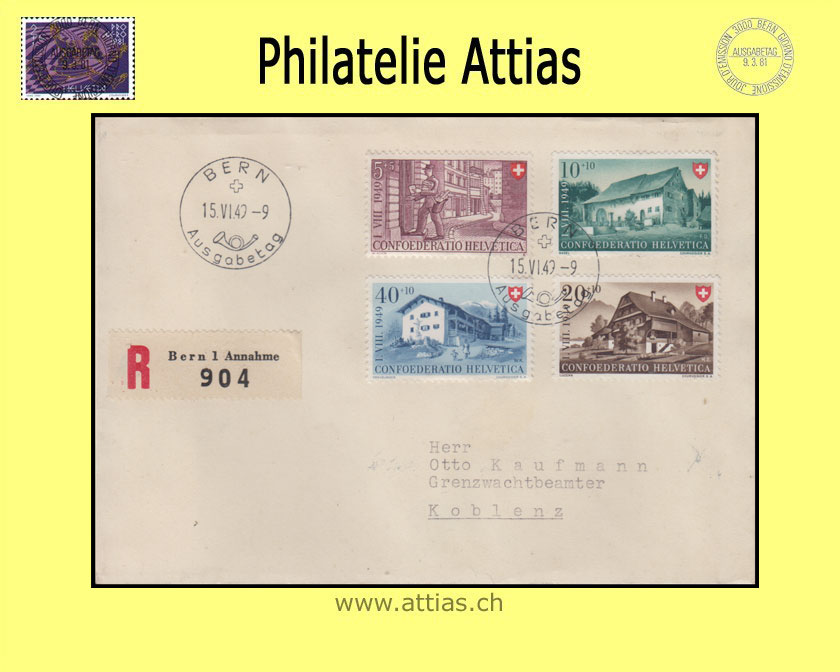 CH 1949 FDC Pro Patria deutsch mit Adresse