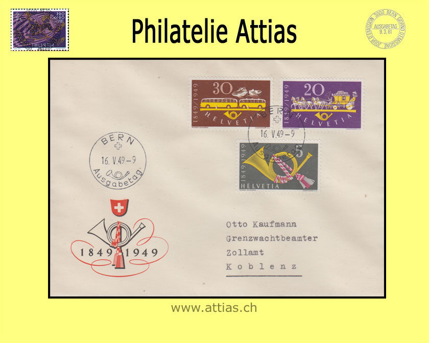 CH 1949 291-293 100 Jahre Eidg. Post FDC ill. m.Adr. deutsch