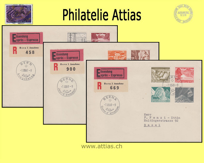 CH 1949  297-308 Technik und Landschaft Satz auf 3 FDC's mit Adresse dfi (gemischte Sprachen) nach Basel