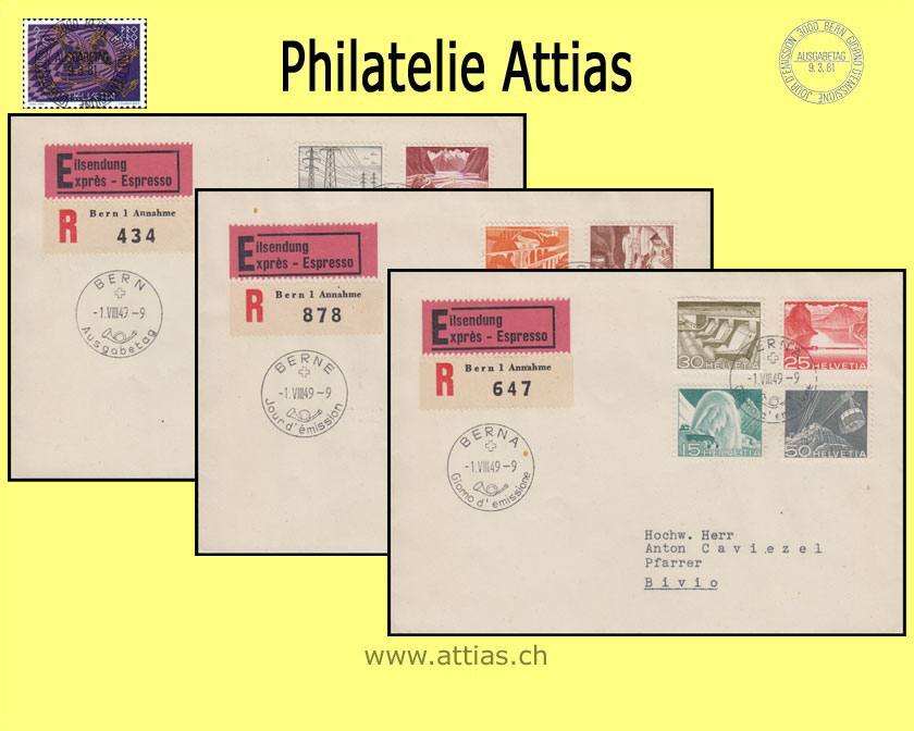 CH 1949  297-308 Technology and Landscape Set on 3 FDC's with address gfi (mixed languages) to Bivio