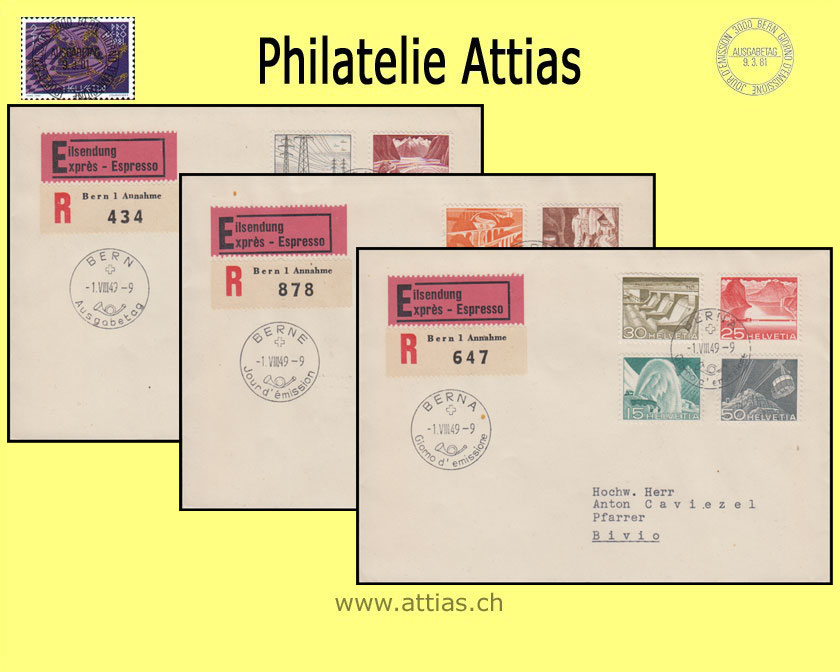 CH 1949  297-308 Technik und Landschaft Satz auf 3 FDC's mit Adresse dfi (gemischte Sprachen) nach Bivio