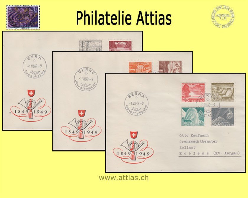 CH 1949  297-308 Technology and Landscape Set on 3 FDC's ill. with address gfi (mixed languages)