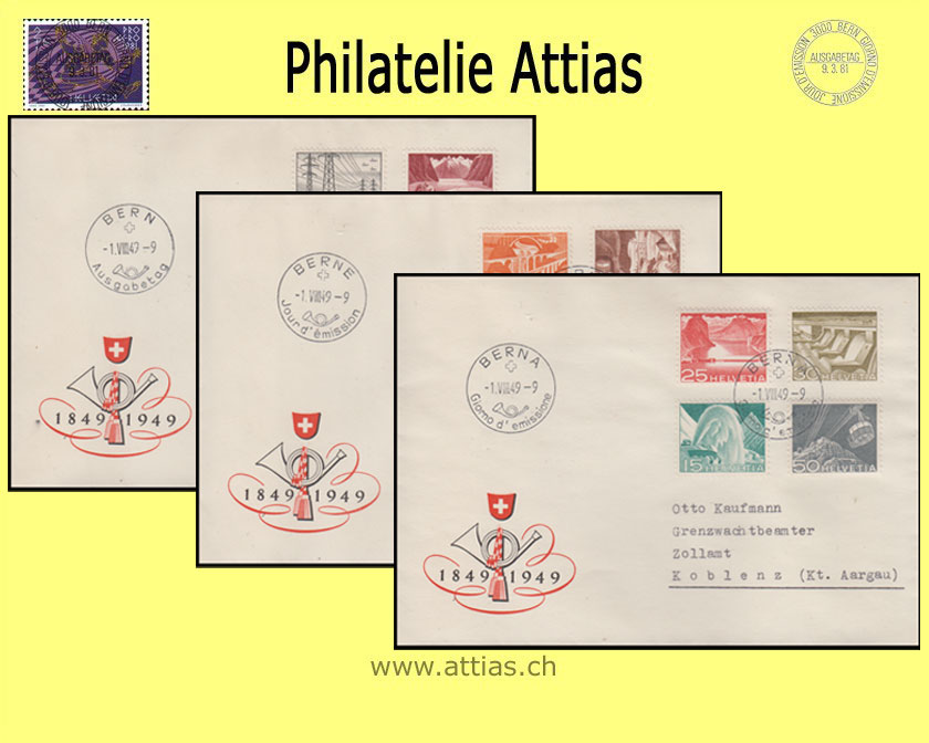 CH 1949  297-308 Technik und Landschaft Satz auf 3 FDC's ill. mit Adresse dfi (gemischte Sprachen)