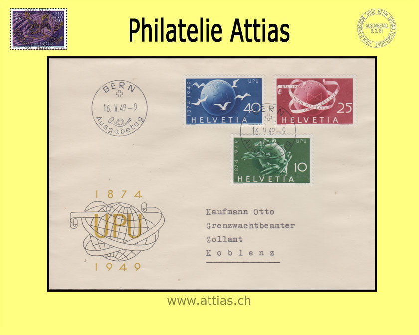 CH 1949 294-296 75 Jahre Weltpostverein UPU FDC ill. m.Adr. deutsch