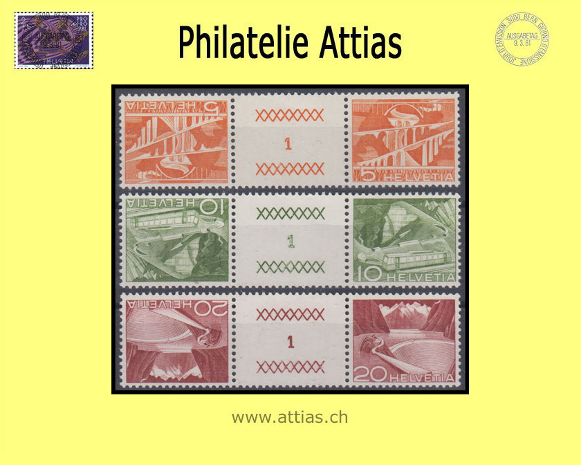 CH 1950 S60-S62 Technik und Landschaft 3 Zwischenstege  Postfrisch Bogen No. 1